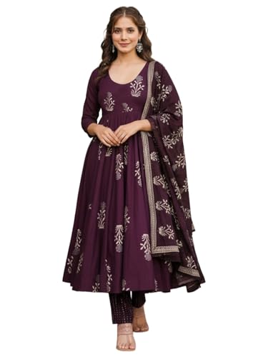 Image of ANNI Designer Women's Rayon Blend Anarkali Printed Kurta with Pant & Dupatta | Ethnic Kurta Pant Dupatta Set for Women | Traditional Indian Wear Outfit