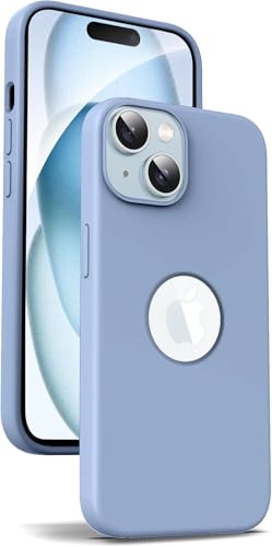 Image of Elzzi Microfiber Logo Cover Compatible for iPhone 15 Case Liquid Silicone Cases Full Body 4 Layer Protective Covers Shockproof Back Cover (Off Blue)