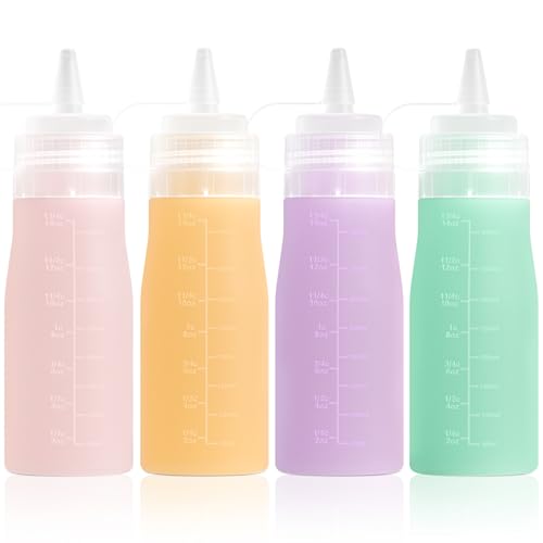 Mrsdry Condiment Squeeze Bottles 16 oz Silicone Squeeze Bottles For Sauces Leak Proof Condiment Containers with Extra Interchangeable lid Easy Squeeze for Oil Honey & Dressings BPA FREE (4 Pack)