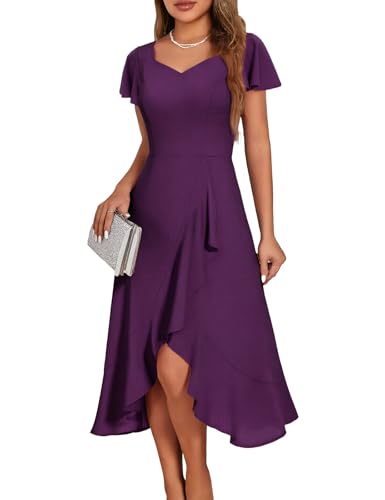 Image of HomRain V Neck Formal Wedding Guest Dresses for Women Ruffle Sleeves for Cocktail Graduation Modest Dress