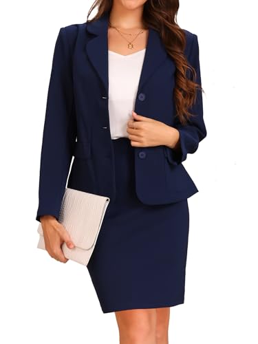 Allegra K Damen 2-teiliges Rock-Set, Anzug Business Blazer und Bleistiftrock Büro Arbeit Interview Kirche Outfits, Dunkelblau, Mittel