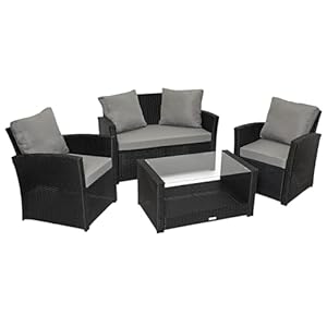 SVITA Roma Polyrattan Lounge Rattan Garten Möbel Set mit Sofa und Sessel Gartenlounge Essgruppe mit Tisch Schwarz