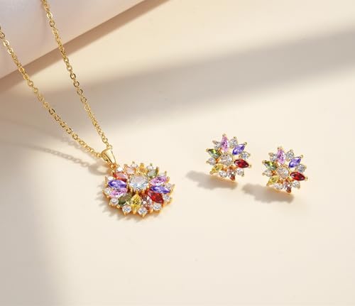 VONSSY Colorful Snowflake Pendant Necklace Earrings Rose Gold 5A Cubic Zirconia | Crystal Sweater Chain | Multi Gemstone Garnet Amethyst Morganite Peridot Prom Rhinestone Necklaces for Women Vintage Stylish Gift2