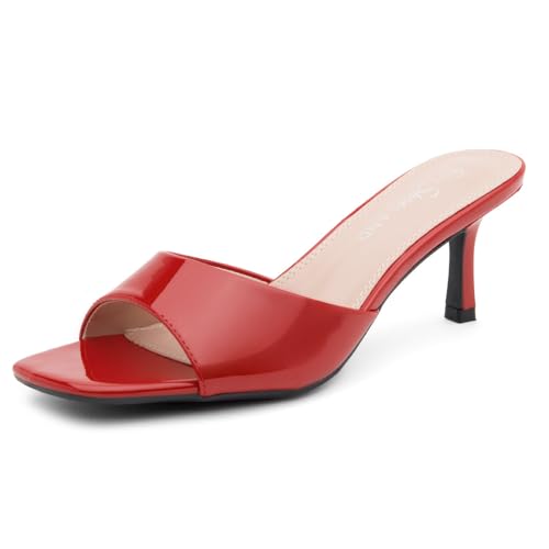 Image of Shoe Land Women's Low Heels Stiletto Heeled Slides, Open Toe One Band Slip-On Heeled Mules - Dressy Heeled Sandals for Prom, Party Wedding and Vacation