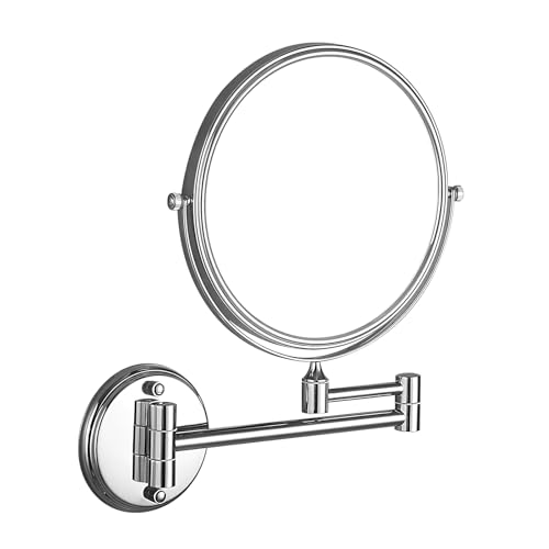 Image of ELEGANT CASA Wall Mounted 8-Inch 5X Magnifying Mirror | Stainless Steel Round Vanity Mirror | 360 Swivel Adjustable Arm | Dual-Sided for Shaving, Makeup & Bathroom Use