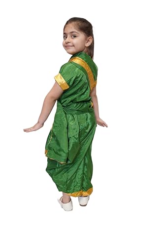 Image of Kaku Fancy Dresses Marathi Girl Lavni Folk Dance Costume with Jewellery for Kids - Green, 10-12 Years