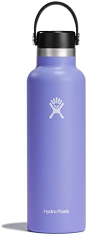 HYDRO FLASK - Water Bottle 621 ml (21 oz) with Flex Straw Cap - Vacuum Insulated Stainless Steel Reusable Water Bottle - Leakproof Lid - Hot and Cold Drinks - Standard Mouth - BPA-Free - Black