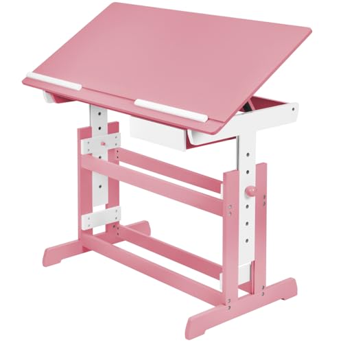 tectake® Escritorio Madera, Escritorio Elevable en 7 Posiciones, Tablero Inclinable, Cajón, Bordes Redondeados, Mesa Escritorio, Mesa de Estudio, Escritorio Infantil, Mesa Infantil - Rosa