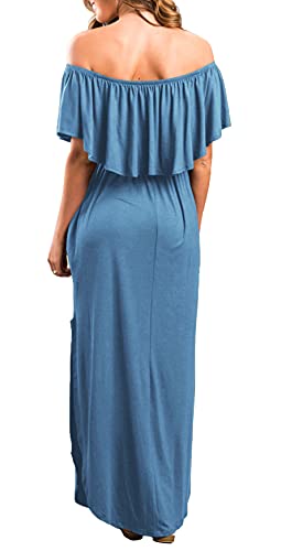 Image of Sarin Mathews Womens Off The Shoulder Ruffle Party Dress Casual Side Split Beach Long Maxi Dresses with Pockets
