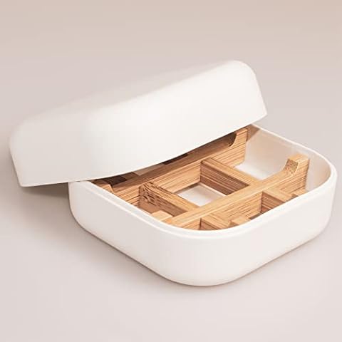 Alviller Travel Soap Case Box, Bamboo Soap Dishes Holder with Lid for Travel Outdoor Hiking Camping (White) Cover