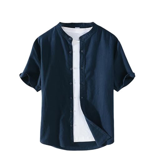 Chemisier homme en coton et lin à manches courtes et col montant traditionnel