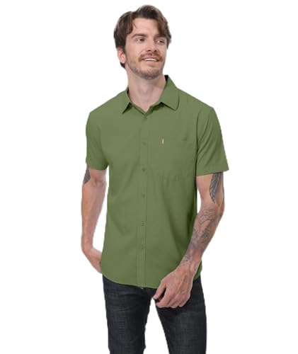 Camisa social masculina casual de manga curta com botão e bolso, Verde militar, GG