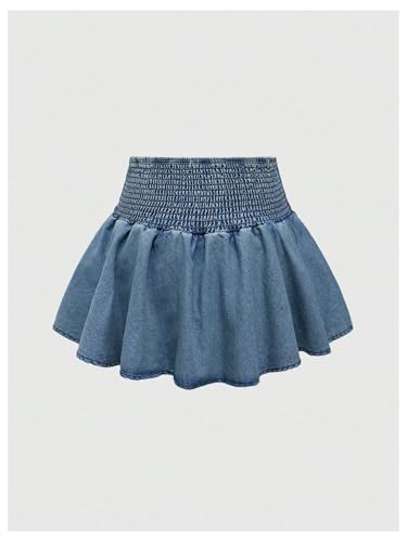 WDIRARA Women's Y2k Bow Pleated Mini Jean Skirts Ruffle Hem Smocked Belted A Line Denim Skirt2