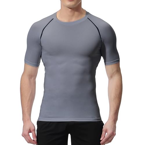 Image of NuCamper Short Sleeve Compression Shirts Tops for Men, Short Sleeve Running T-Shirts Quick Dry Base Layer Top for Gym Sports Fitness Workout Cycling Training Gray