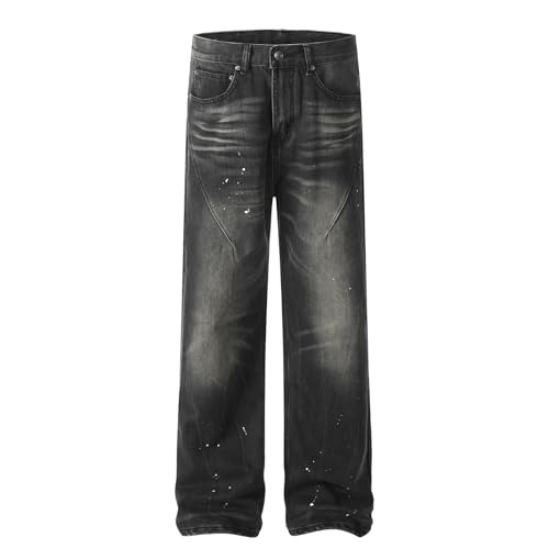 Jeans Pants Trouser Denim Retro Street Trendy Dot Ink Wash Black Grinding White Commuter Straight Leg for Man3