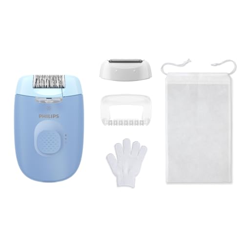 Philips Epilasyon Cihazı, Taşınabilir Kompakt Tasarım, LED Işıklı Yıkanabilir Başlık, Masaj ve Tıraş Başlığı, Peeling Eldiveni Hediyeli, 4 Haftaya Kadar Pürüzsüzlük, Açık Mavi Renk, BRE247/05