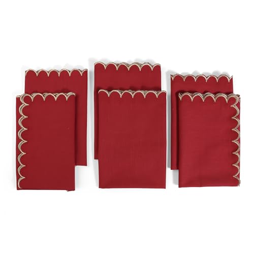 Image of FINGERCRAFT Scallop Edge Cloth Napkins Red with Golden Zari | Set of 6 | 20x20 Inches | 100% Cotton | Table Napkins for Any Occasion | Washable, Perfect for Parties and Everyday Use