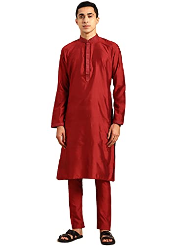 Image of Rajubhai Hargovindas Men's Banarasi Cotton Silk Thread Work Kurta Set With Churidar
