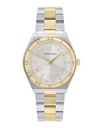 Ferragamo Vega Upper East Collection Luxury Mens Watch Timepieces with a Two Tone Bracelet and Case Featuring a Silver Dial