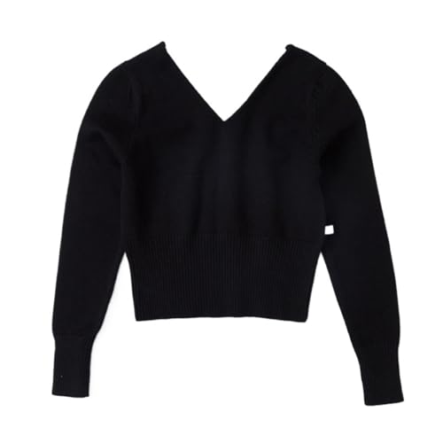 Girl's Ballet Sweater Cardigan High Waist Ballet Warm Up for Leotards V Neck Long Sleeve Pullover Knit Crop Top Sweatshirt for Pilates Yoga Workout(Black,160(135-145cm Height)