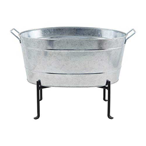 ACHLA Designs Classic Oval Galvanized Tub with Folding Stand, Galvanized Steel and Black, (C-51-S1)