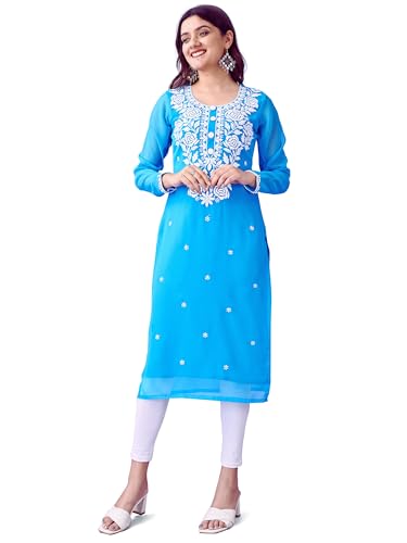 Image of HESVI Women's Georgette White Lakhnavi Chikankari Kurti with Intricate Embroidery Work