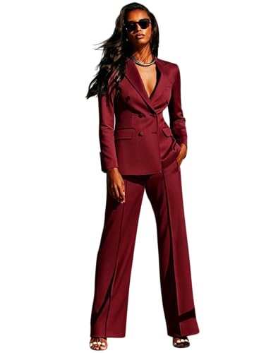 Costume deux pièces en satin pour femme avec veste à double boutonnage rouge