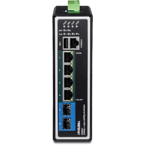 Image of TRENDnet 6-Port Industrial Gigabit L2+ Managed PoE++ DIN Rail Switch, 4 x Gigabit PoE++ Ports, DIN-Rail Mount, 2 x SFP Slots, IP30, VLAN, QoS, LACP,Black, TI-BG62i (Renewed)