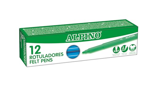 Alpino - Étui de 12 feutres Stand. Bleu clair | Marqueurs lavables pour enfants | Marqueurs brillants | Idéal pour l'école | Pointe en fibre super résistante et encre sûre à base d'eau