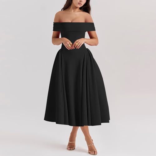 Image of Women's Summer Off Shoulder Fit and Flare Midi Dress - Sleeveless Sexy A Line Corset Club Party Going Out Dresses