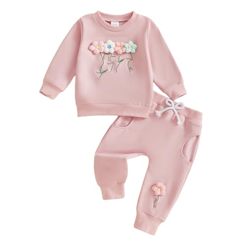 Beauace 2pcs Baby Mädchen Kleidung 3D Blumen Druck Outfit Langarm Shirt + Hose Neugeborene Babykleidung klinder Herbst Babyset (Rosa, 12-18 Monate)