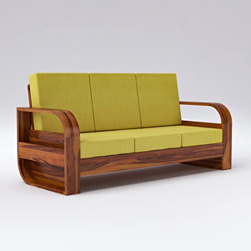 Image of Douceur Furnitures Solid Sheesham Wood 3 Seater Sofas | Three Seater Sofa for Living Room, Cafe, Office | (Honey Teak Cushion Yellow)