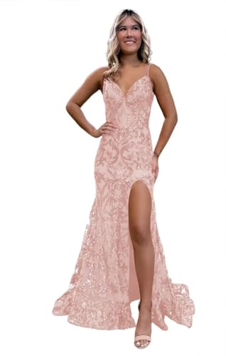 Image of RSOETOO Sparkly Sequin Prom Dresses 2026 with Slit Lace Mermaid Formal Evening Gowns for Women RON058