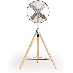 CREATE / AIR TRIPOD RETRO/Ventilador de pie oscilante Cromado con 4 Aspas/Silencioso, 3 Niveles de Ventilación, Regulable y ajustable 126-135cm, 80W / Trípode Plegable de Madera