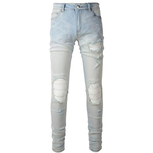 Jeans Pants Trousers Denim Retro Light Blue Trendy Street Worn Hole Piercing Patch Elastic Stretch Slim Fit Tight Casual Straight Leg for Men(Light Blue,29)