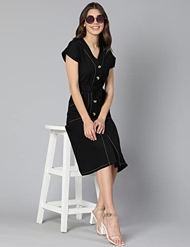 Image of oxolloxo Women Cotton Shirt Regular Sleeves Solid Party Dress