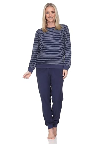 Normann Damen Frottee Schlafanzug mit Bündchen Pyjama in Streifenoptik - auch in Übergröße, Farbe:Navy, Größe:48-50