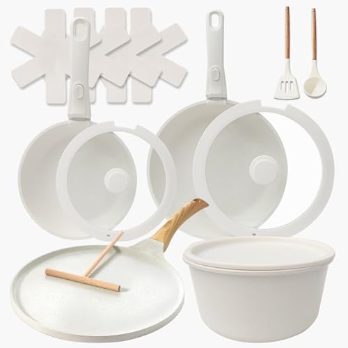 La mejor comparación de Baterias de Cocina de Ceramica del mes. 41 Batería de Cocina 16 Pzas, Sartenes Antiadherentes de Granito Blanco con Mango Removible Reforzado, Sin Atascos, Apto para Inducción, Horno y Lavavajillas, Incluye Comal 30 cm...