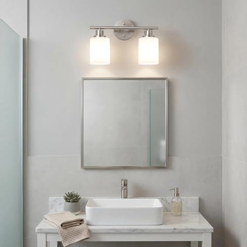 Image of Unicozin 2 Light Bathroom Light Fixtures, Modern Vanity Lights with Milky White Glass Shade, Brushed Nickel Wall Lamp Over Mirror for Bathroom, Living Room, Cabinet, Bedroom, E26 Base