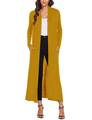 Bluetime Women Floor Length Open Front Cardigan Lightweight Long Sleeve Maxi Duster with Pockets (XL, Mustard)