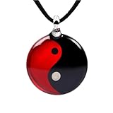 Chuvora Hand Blown Venetian Murano Glass Yin Yang Symbol Red Black Round Pendant Necklace, 18-20 inches