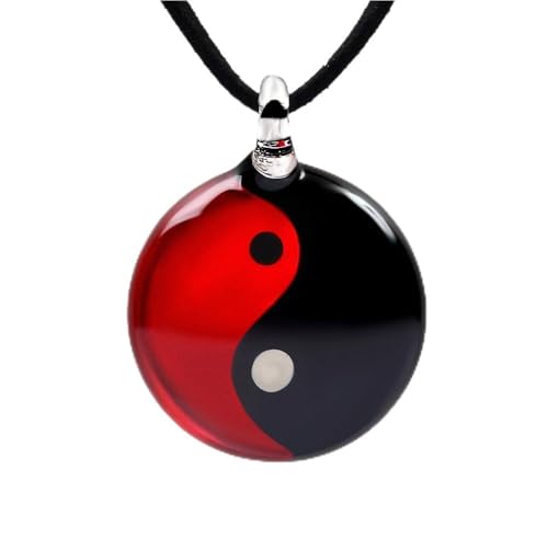 Chuvora Hand Blown Murano Glass Yin Yang Symbol Red Black Round Pendant Necklace, 18-20 inches