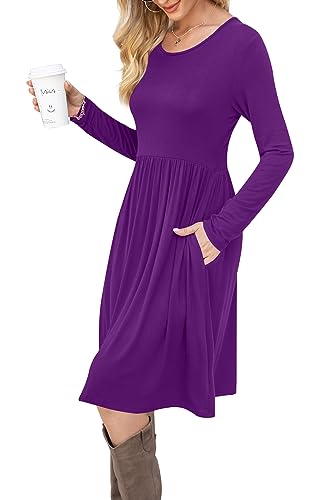Image of DB MOON Women Casual Long Sleeve Dresses Empire Waist Knee Length Loose Dress with Pockets