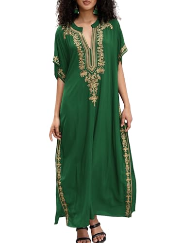 Women Embroidery Golden V Neck Arabic Dubai Kaftan Casual Beach Wear Cover Up Side Split Long Dress Blackish Green