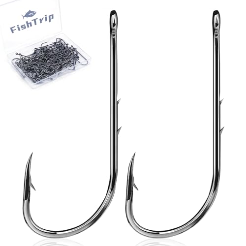 FishTrip Baitholder Hooks Fishing Offset- 100pcs Bait Holder Fish Hook Double Barbed/Long Shank/Closed Eye/Black for Fishing Rigs Freshwater Saltwater 6#
