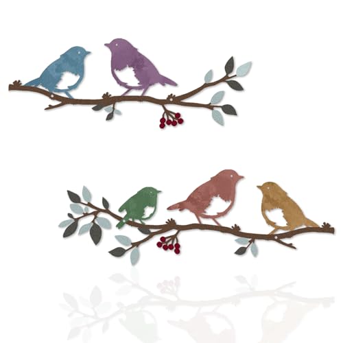 Pduoduo Lot de 2 oiseaux muraux en métal sur une branche,Multicolore Décoration murale oiseaux en métal,Décoration murale en forme de feuilles avec...