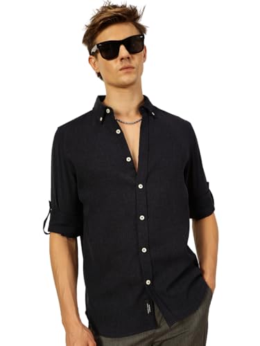 Image of Thomas Scott Men's | Solid | Textured Fabric | Full Sleeve | Slim Fit | Polyester-Blend | Spread Collar | Casual Shirt