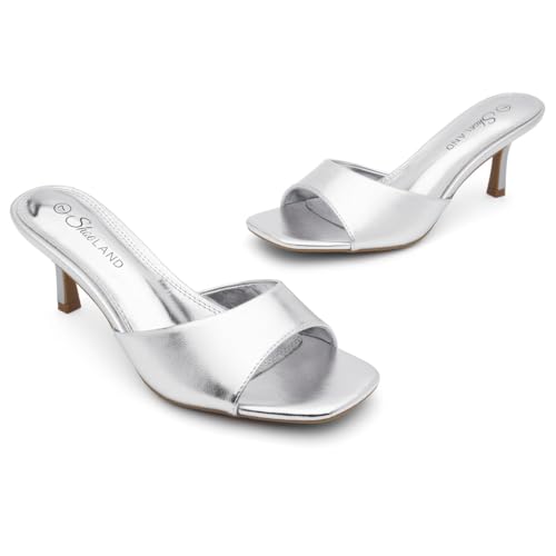 Image of Shoe Land Women's Low Heels Stiletto Heeled Slides, Open Toe One Band Slip-On Heeled Mules - Dressy Heeled Sandals for Prom, Party Wedding and Vacation