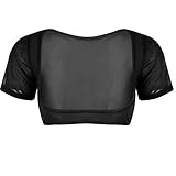 iEFiEL Women's Mesh See Through Sheer Open Bust Short Sleeve Belly Dance Crop Top Black One Size