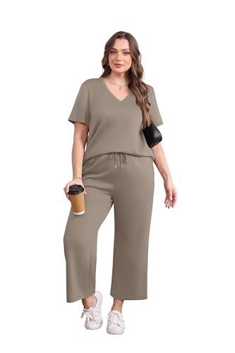 Image of WIHOLL 2 Piece Sets for Women Summer Lounge Set Wide Leg Pants Matching Set Vacation Travel Outfits Beach Clothing